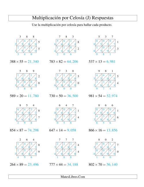 La hoja de ejercicios de Multiplicación por Celosía, Producto de Tres Dígitos por Dos Dígitos (J) Página 2