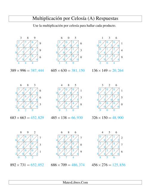 La hoja de ejercicios de Multiplicación por Celosía, Producto de Tres Dígitos por Tres Dígitos (A) Página 2
