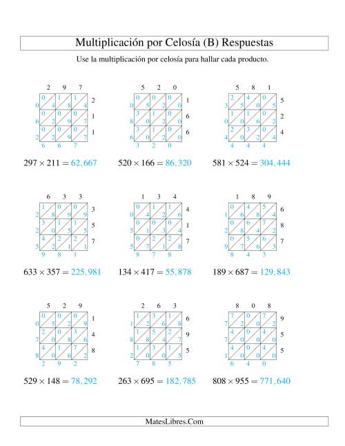 La hoja de ejercicios de Multiplicación por Celosía, Producto de Tres Dígitos por Tres Dígitos (B) Página 2