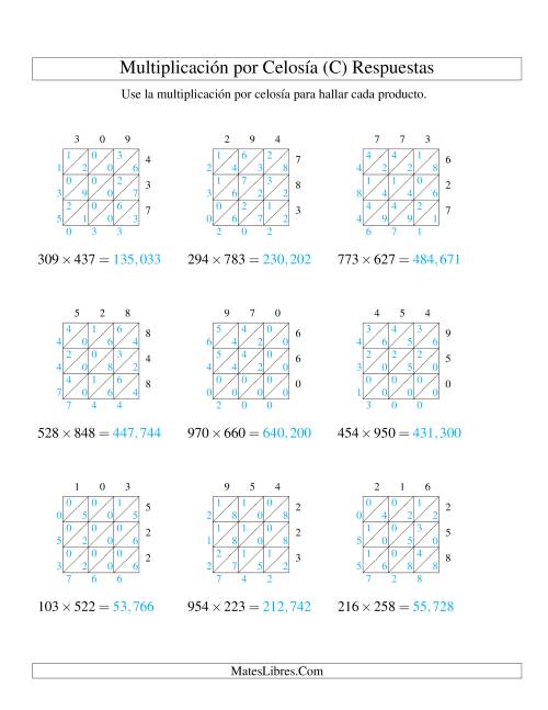 La hoja de ejercicios de Multiplicación por Celosía, Producto de Tres Dígitos por Tres Dígitos (C) Página 2