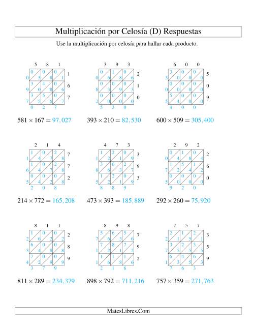 La hoja de ejercicios de Multiplicación por Celosía, Producto de Tres Dígitos por Tres Dígitos (D) Página 2