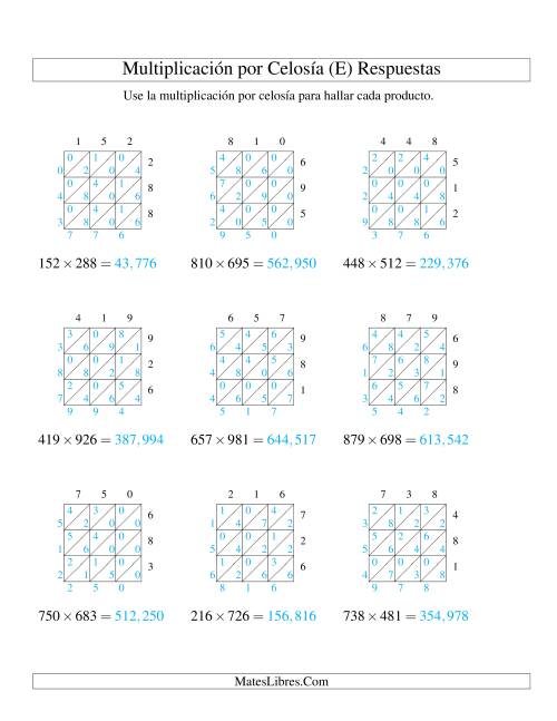 La hoja de ejercicios de Multiplicación por Celosía, Producto de Tres Dígitos por Tres Dígitos (E) Página 2