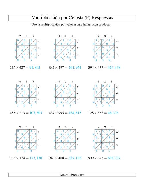 La hoja de ejercicios de Multiplicación por Celosía, Producto de Tres Dígitos por Tres Dígitos (F) Página 2