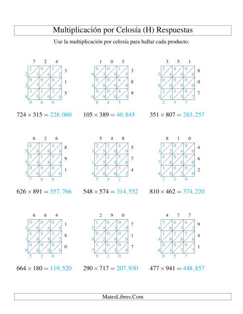 La hoja de ejercicios de Multiplicación por Celosía, Producto de Tres Dígitos por Tres Dígitos (H) Página 2