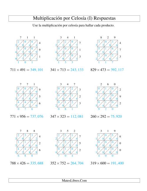 La hoja de ejercicios de Multiplicación por Celosía, Producto de Tres Dígitos por Tres Dígitos (I) Página 2