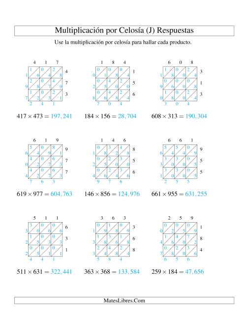 La hoja de ejercicios de Multiplicación por Celosía, Producto de Tres Dígitos por Tres Dígitos (J) Página 2