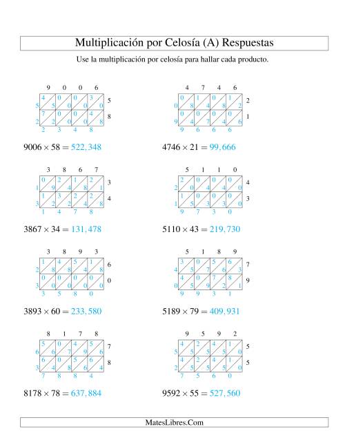 La hoja de ejercicios de Multiplicación por Celosía, Producto de Cuatro Dígitos por Dos Dígitos (A) Página 2
