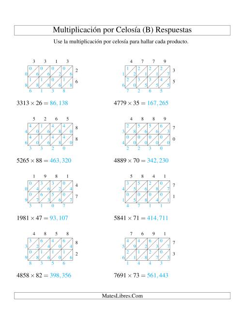 La hoja de ejercicios de Multiplicación por Celosía, Producto de Cuatro Dígitos por Dos Dígitos (B) Página 2