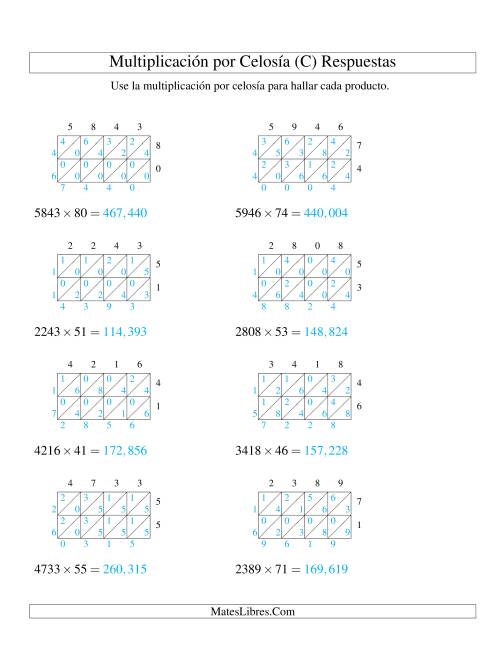La hoja de ejercicios de Multiplicación por Celosía, Producto de Cuatro Dígitos por Dos Dígitos (C) Página 2