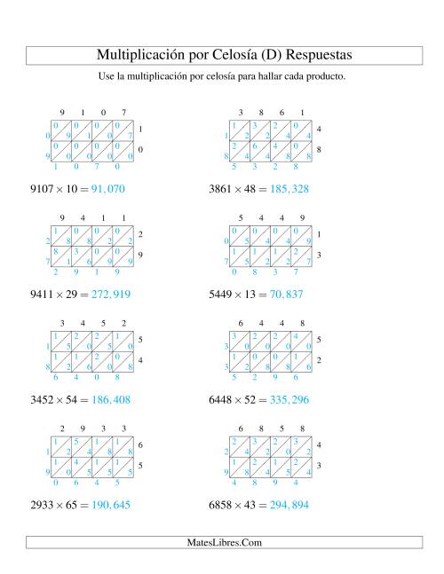 La hoja de ejercicios de Multiplicación por Celosía, Producto de Cuatro Dígitos por Dos Dígitos (D) Página 2