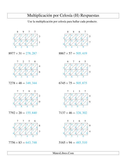 La hoja de ejercicios de Multiplicación por Celosía, Producto de Cuatro Dígitos por Dos Dígitos (H) Página 2