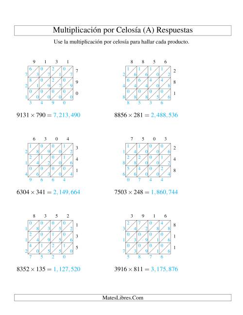 La hoja de ejercicios de Multiplicación por Celosía, Producto de Cuatro Dígitos por Tres Dígitos (A) Página 2