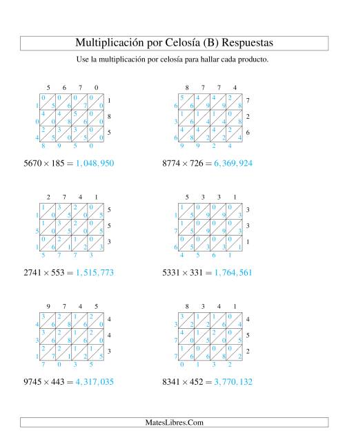 La hoja de ejercicios de Multiplicación por Celosía, Producto de Cuatro Dígitos por Tres Dígitos (B) Página 2