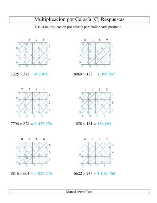 La hoja de ejercicios de Multiplicación por Celosía, Producto de Cuatro Dígitos por Tres Dígitos (C) Página 2