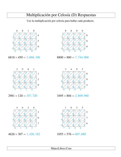 La hoja de ejercicios de Multiplicación por Celosía, Producto de Cuatro Dígitos por Tres Dígitos (D) Página 2