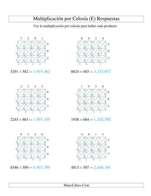 La hoja de ejercicios de Multiplicación por Celosía, Producto de Cuatro Dígitos por Tres Dígitos (E) Página 2