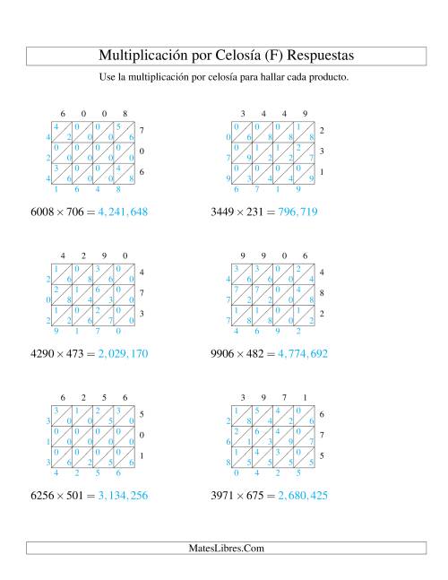 La hoja de ejercicios de Multiplicación por Celosía, Producto de Cuatro Dígitos por Tres Dígitos (F) Página 2