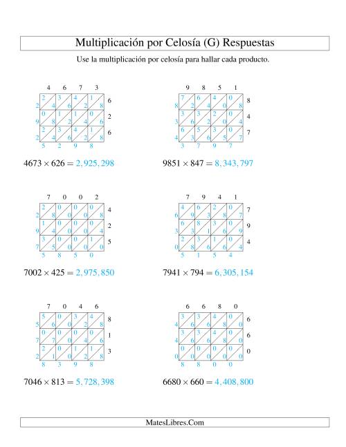 La hoja de ejercicios de Multiplicación por Celosía, Producto de Cuatro Dígitos por Tres Dígitos (G) Página 2