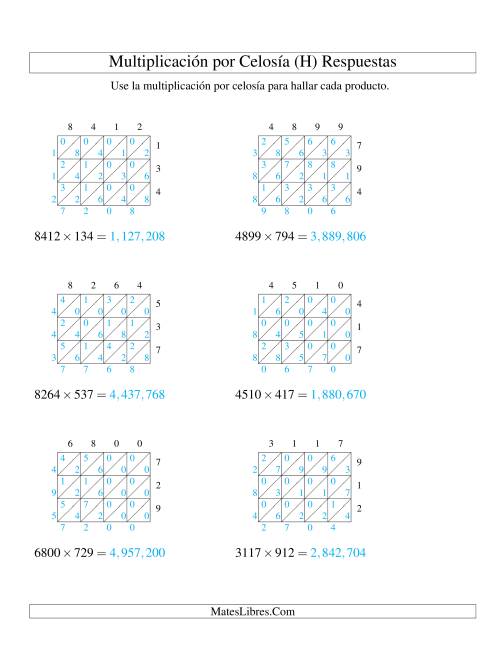 La hoja de ejercicios de Multiplicación por Celosía, Producto de Cuatro Dígitos por Tres Dígitos (H) Página 2
