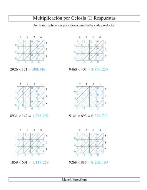 La hoja de ejercicios de Multiplicación por Celosía, Producto de Cuatro Dígitos por Tres Dígitos (I) Página 2