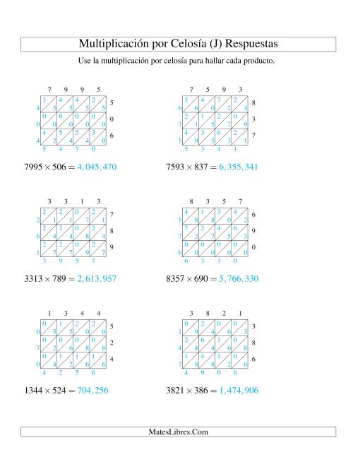 La hoja de ejercicios de Multiplicación por Celosía, Producto de Cuatro Dígitos por Tres Dígitos (J) Página 2