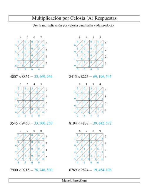 La hoja de ejercicios de Multiplicación por Celosía, Producto de Cuatro Dígitos por Cuatro Dígitos (A) Página 2
