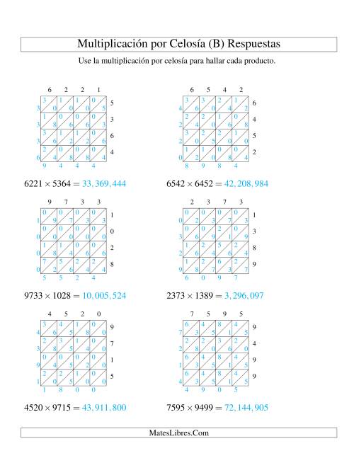 La hoja de ejercicios de Multiplicación por Celosía, Producto de Cuatro Dígitos por Cuatro Dígitos (B) Página 2