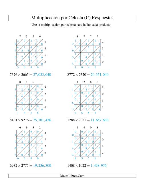 La hoja de ejercicios de Multiplicación por Celosía, Producto de Cuatro Dígitos por Cuatro Dígitos (C) Página 2