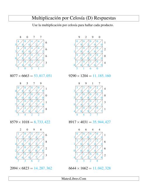 La hoja de ejercicios de Multiplicación por Celosía, Producto de Cuatro Dígitos por Cuatro Dígitos (D) Página 2