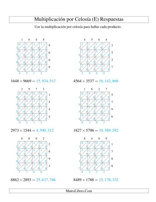La hoja de ejercicios de Multiplicación por Celosía, Producto de Cuatro Dígitos por Cuatro Dígitos (E) Página 2