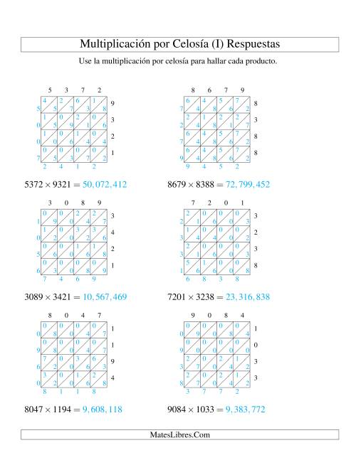 La hoja de ejercicios de Multiplicación por Celosía, Producto de Cuatro Dígitos por Cuatro Dígitos (I) Página 2