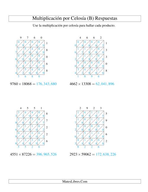 La hoja de ejercicios de Multiplicación por Celosía, Producto de Cuatro Dígitos por Cinco Dígitos (B) Página 2