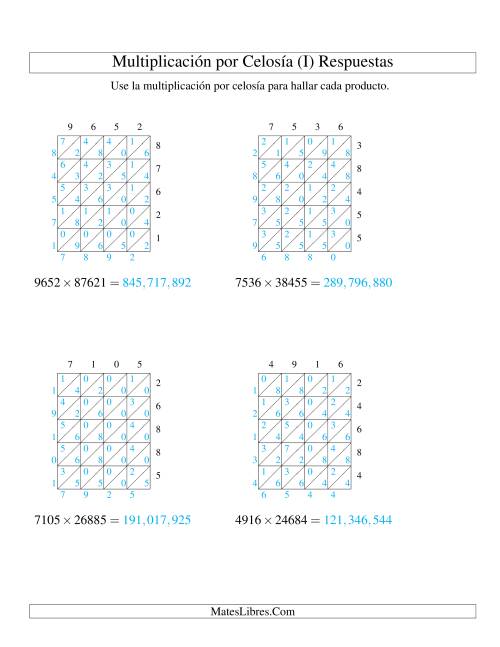La hoja de ejercicios de Multiplicación por Celosía, Producto de Cuatro Dígitos por Cinco Dígitos (I) Página 2