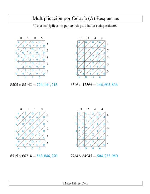 La hoja de ejercicios de Multiplicación por Celosía, Producto de Cuatro Dígitos por Cinco Dígitos (Todas) Página 2