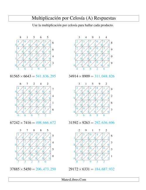 La hoja de ejercicios de Multiplicación por Celosía, Producto de Cinco Dígitos por Cuatro Dígitos (A) Página 2