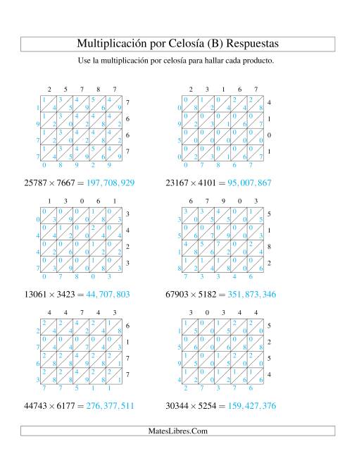 La hoja de ejercicios de Multiplicación por Celosía, Producto de Cinco Dígitos por Cuatro Dígitos (B) Página 2