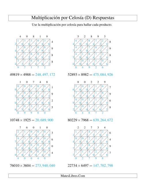La hoja de ejercicios de Multiplicación por Celosía, Producto de Cinco Dígitos por Cuatro Dígitos (D) Página 2