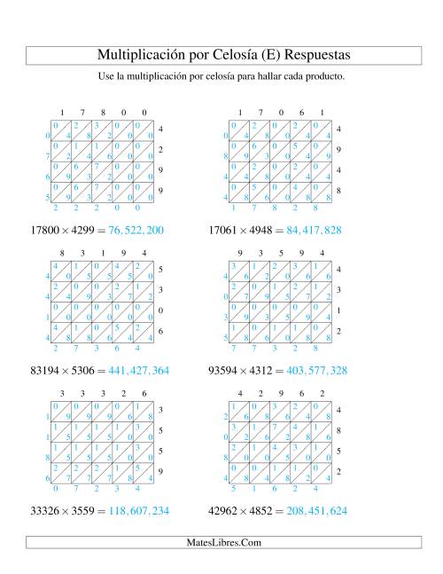 La hoja de ejercicios de Multiplicación por Celosía, Producto de Cinco Dígitos por Cuatro Dígitos (E) Página 2