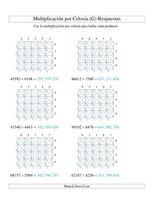 La hoja de ejercicios de Multiplicación por Celosía, Producto de Cinco Dígitos por Cuatro Dígitos (G) Página 2