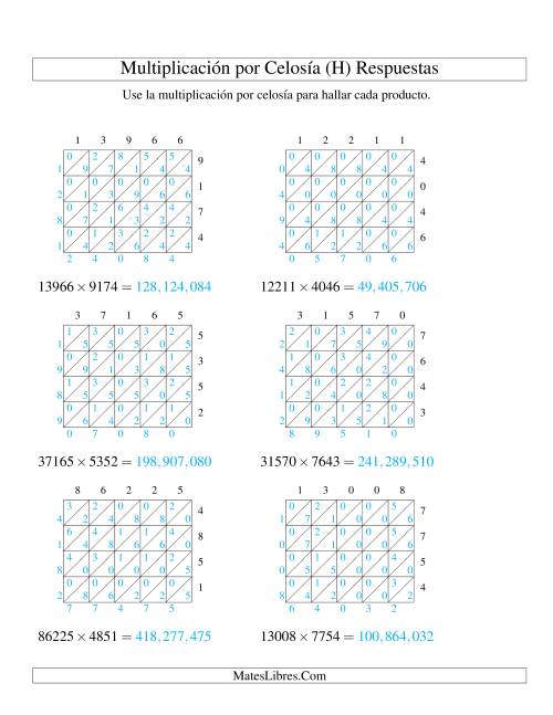 La hoja de ejercicios de Multiplicación por Celosía, Producto de Cinco Dígitos por Cuatro Dígitos (H) Página 2