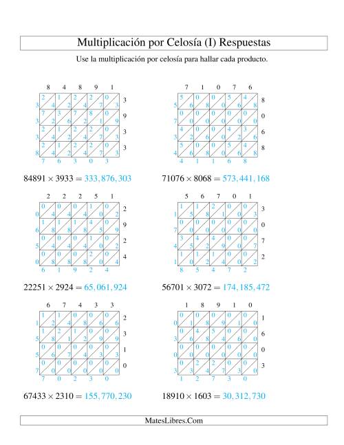 La hoja de ejercicios de Multiplicación por Celosía, Producto de Cinco Dígitos por Cuatro Dígitos (I) Página 2
