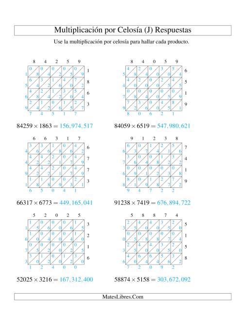La hoja de ejercicios de Multiplicación por Celosía, Producto de Cinco Dígitos por Cuatro Dígitos (J) Página 2