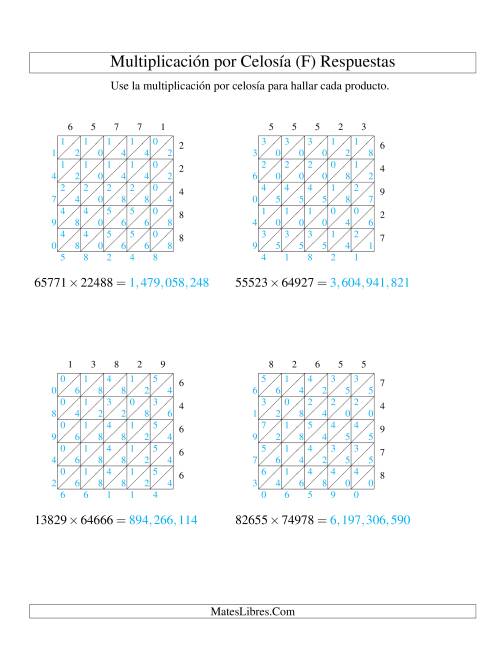 La hoja de ejercicios de Multiplicación por Celosía, Producto de Cinco Dígitos por Cinco Dígitos (F) Página 2