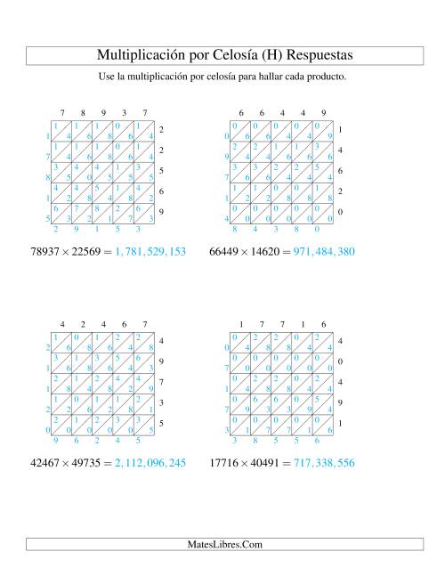 La hoja de ejercicios de Multiplicación por Celosía, Producto de Cinco Dígitos por Cinco Dígitos (H) Página 2