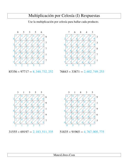 La hoja de ejercicios de Multiplicación por Celosía, Producto de Cinco Dígitos por Cinco Dígitos (I) Página 2