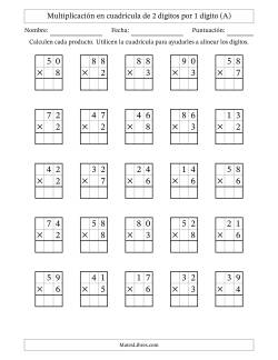 Multiplicación con apoyo de cuadrícula de 2 dígitos por 1 dígito