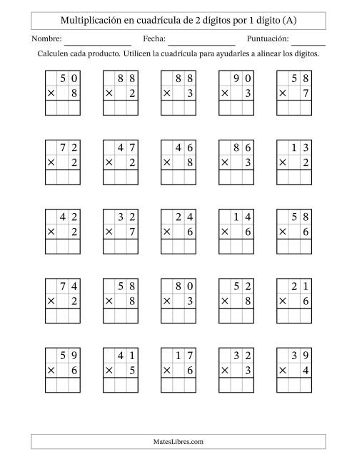 La hoja de ejercicios de Multiplicación en Cuadrícula, Dos Dígitos por Un Dígito (A)