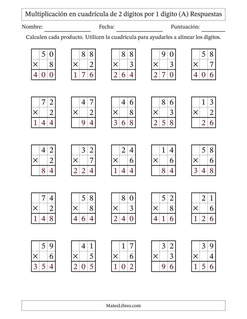La hoja de ejercicios de Multiplicación con apoyo de cuadrícula de 2 dígitos por 1 dígito (A) Página 2
