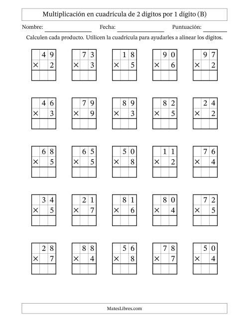 La hoja de ejercicios de Multiplicación con apoyo de cuadrícula de 2 dígitos por 1 dígito (B)