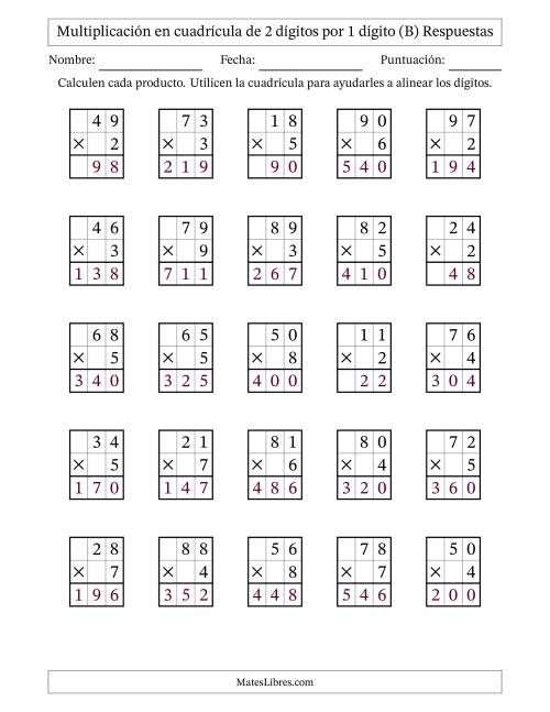 La hoja de ejercicios de Multiplicación con apoyo de cuadrícula de 2 dígitos por 1 dígito (B) Página 2